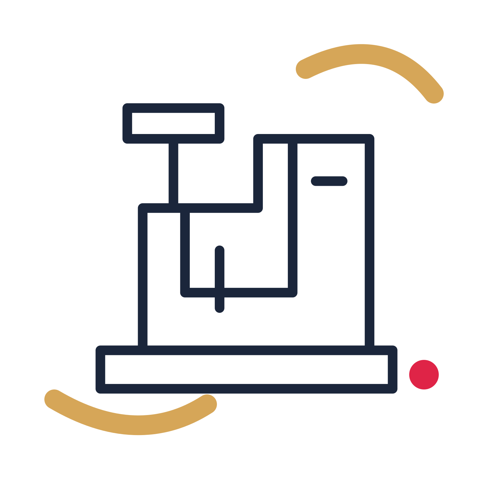 Maker sewing machine in a duotone drawing with clear rounded lines.
