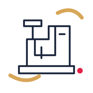 Maker sewing machine in a duotone drawing with clear rounded lines.
