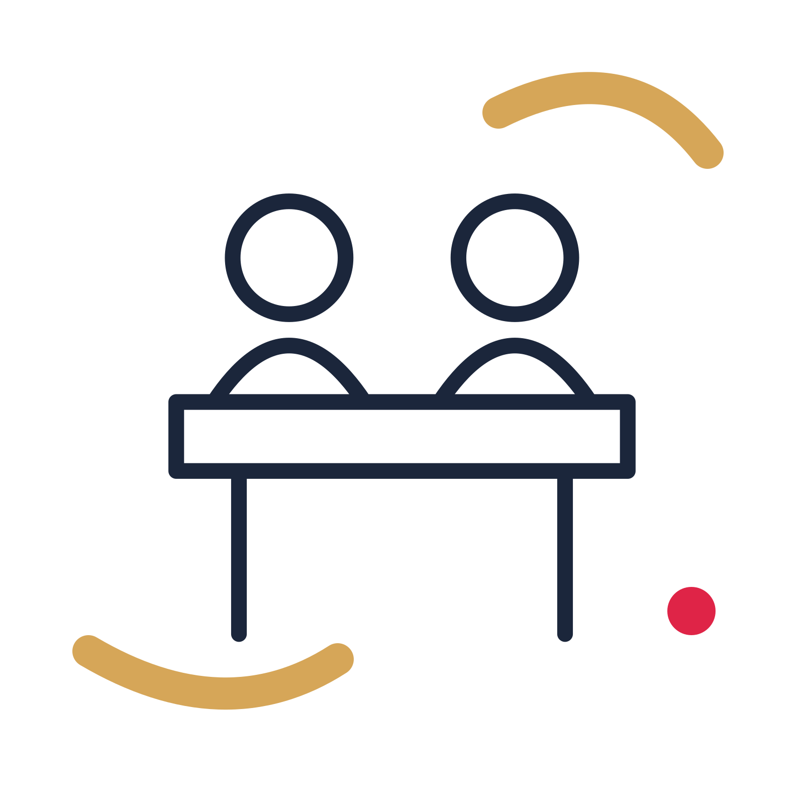 Community shared table in a duotone drawing with clear rounded lines.