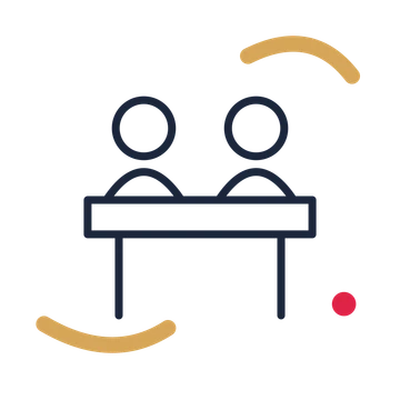 Community shared table in a duotone drawing with clear rounded lines.