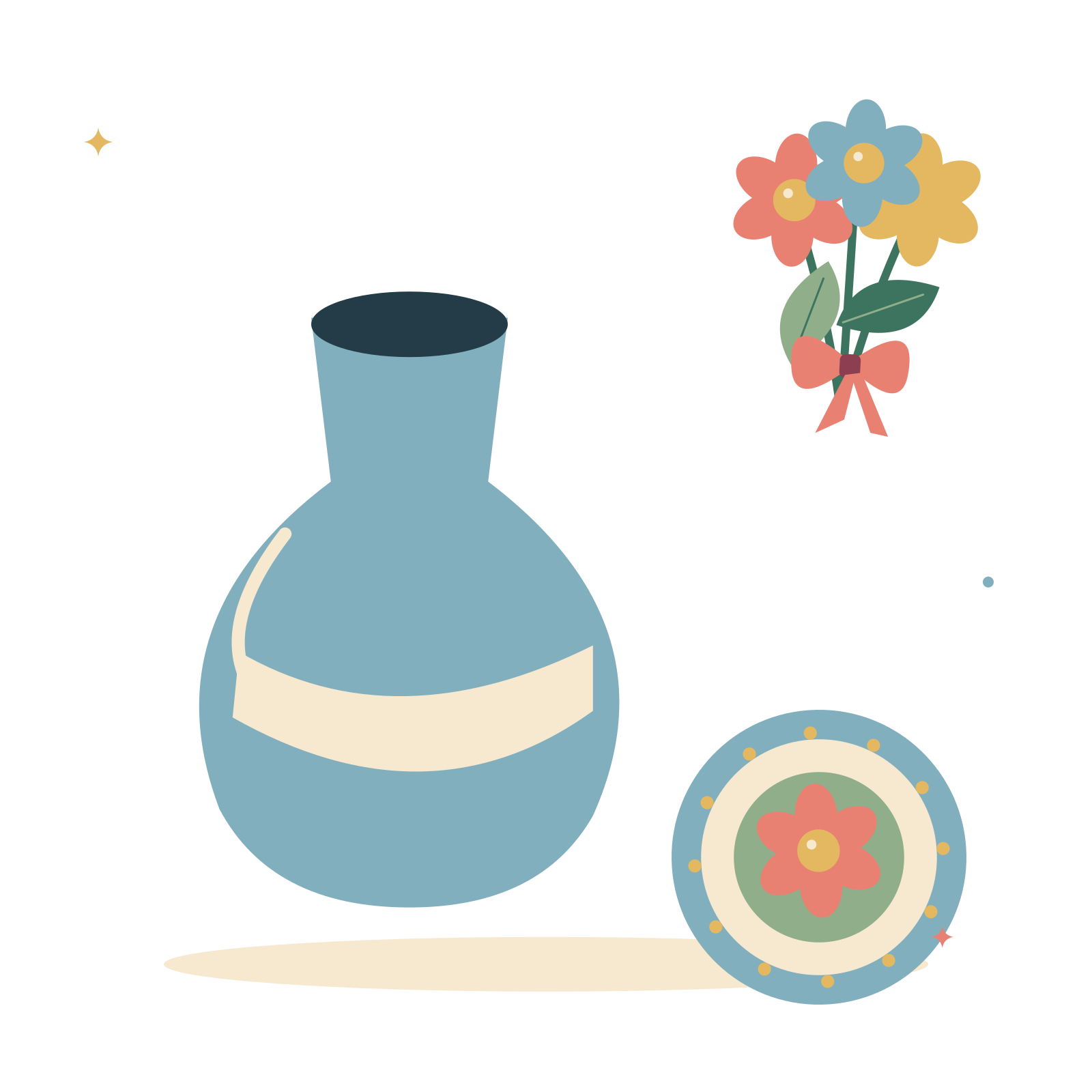 Studio still life with flowers and painted ceramics.