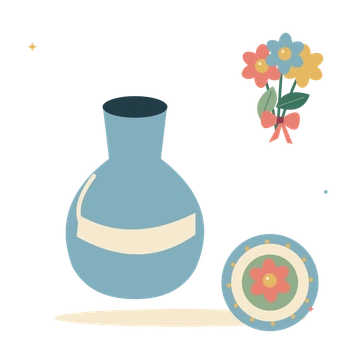 Studio still life with flowers and painted ceramics.