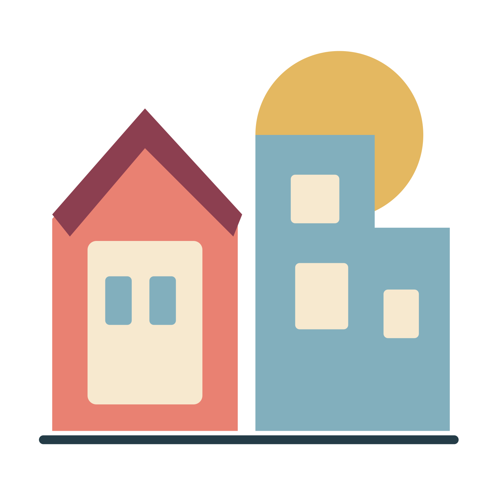 Sunny city rooftops in coral and blue.