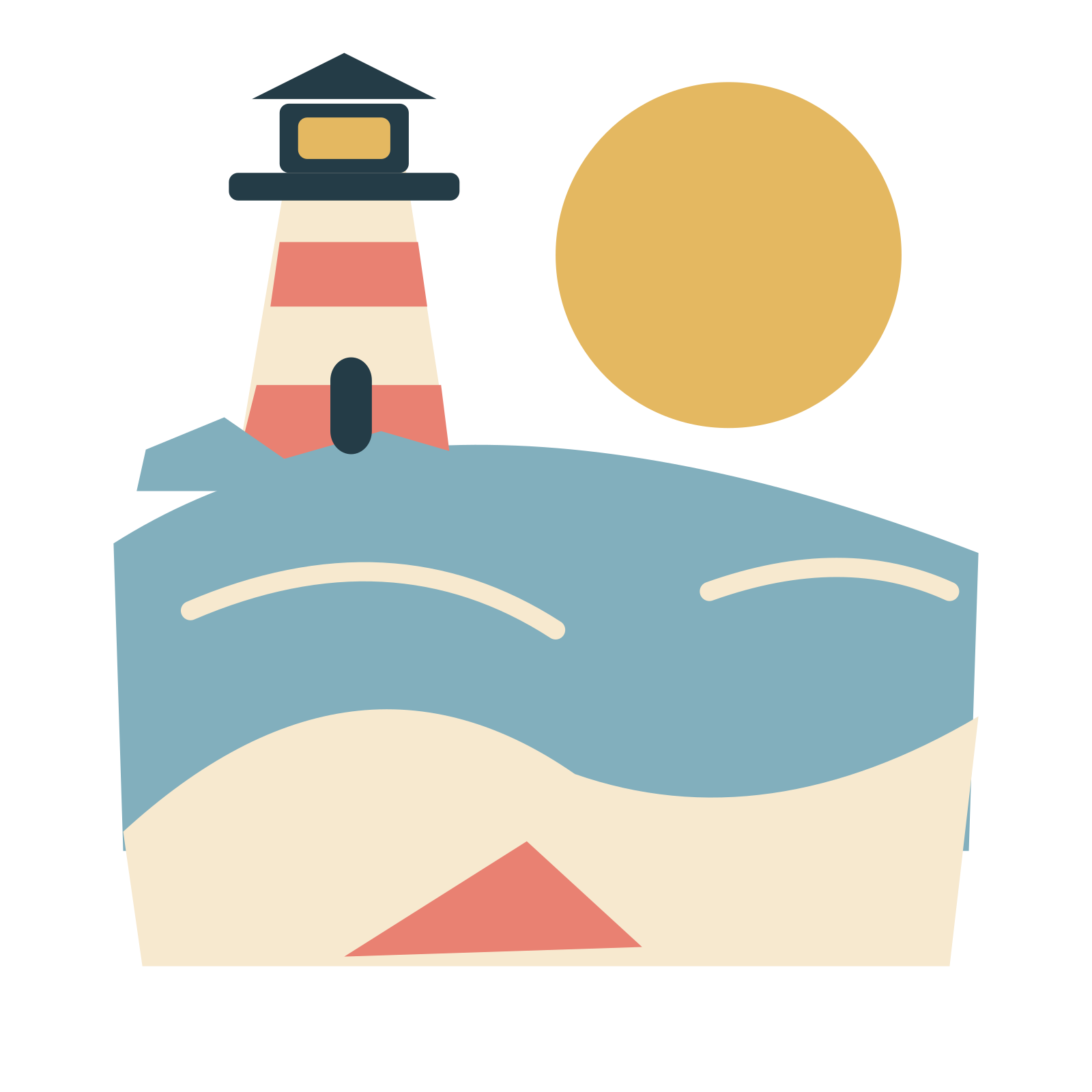 Coastal sunshine with lighthouse and soft waves.