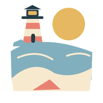 Coastal sunshine with lighthouse and soft waves.