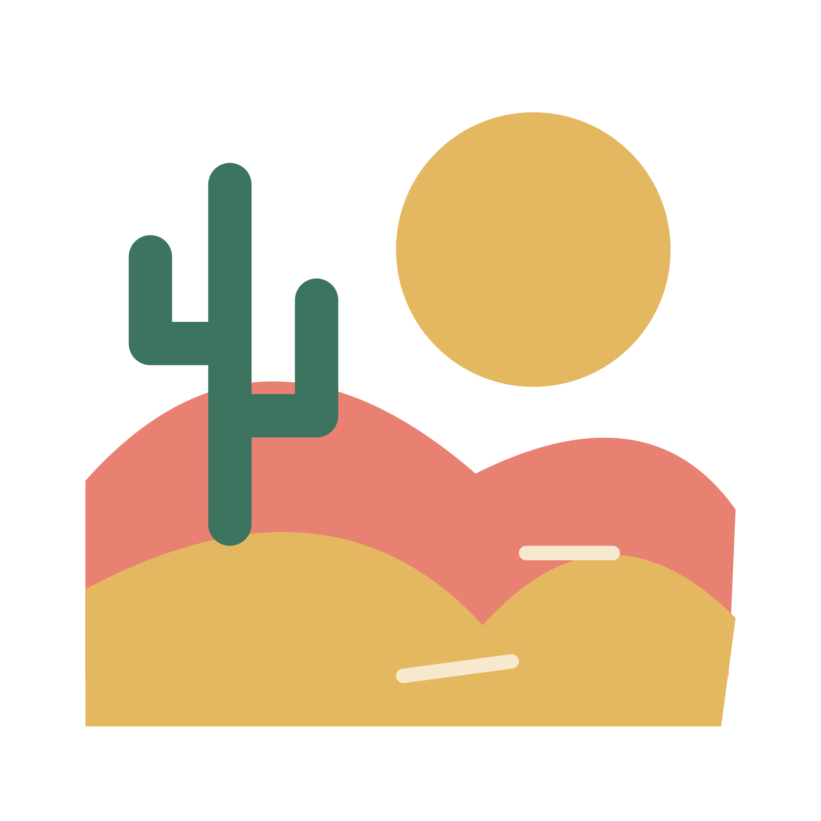 Desert morning with dunes and a tall cactus.