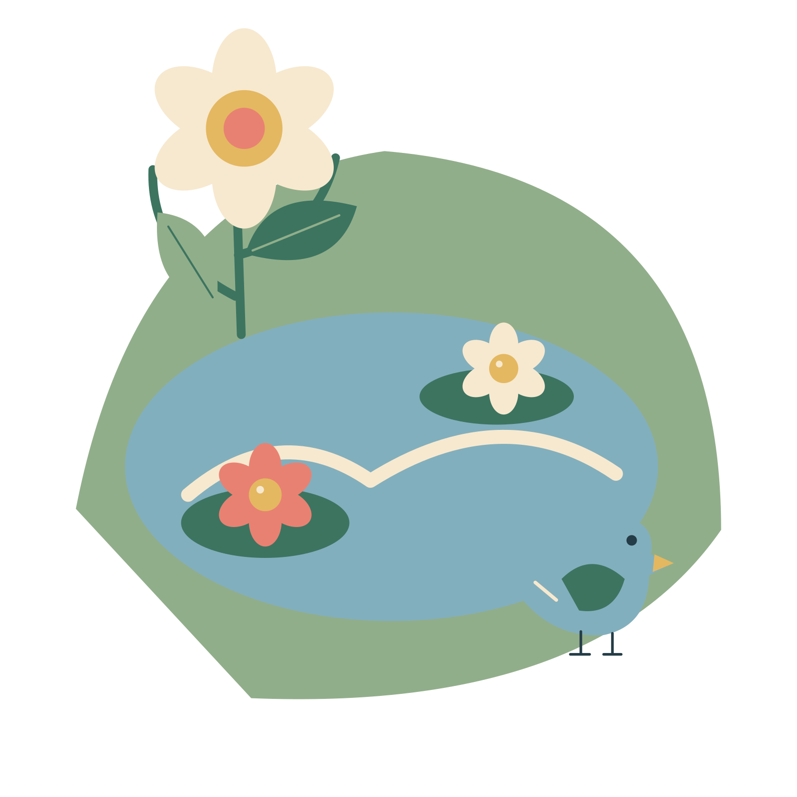 Garden pond with water lilies and a songbird.