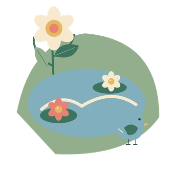 Garden pond with water lilies and a songbird.