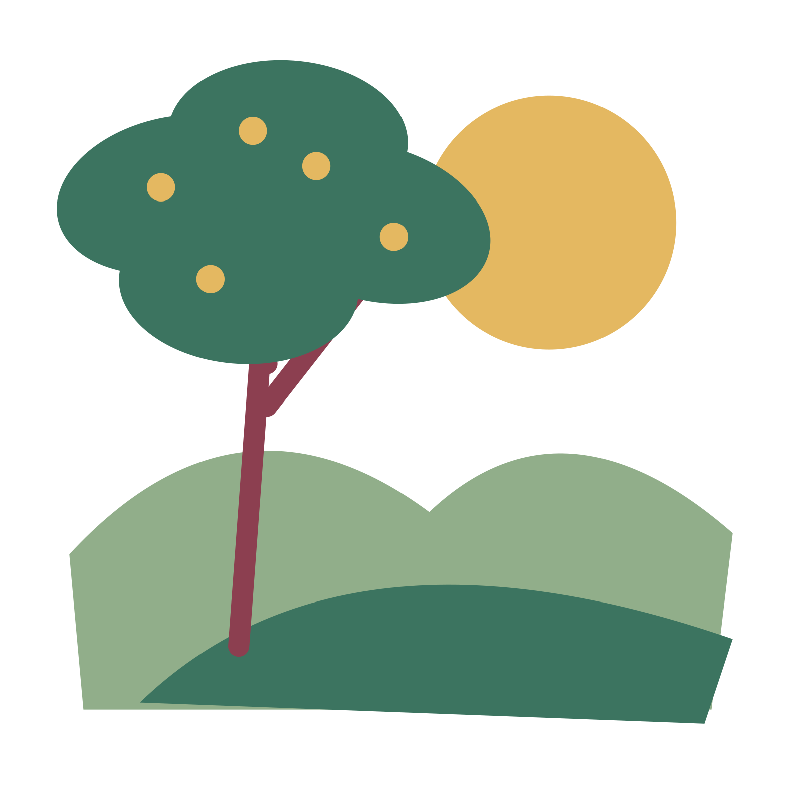 Olive tree overlooking soft green hills.