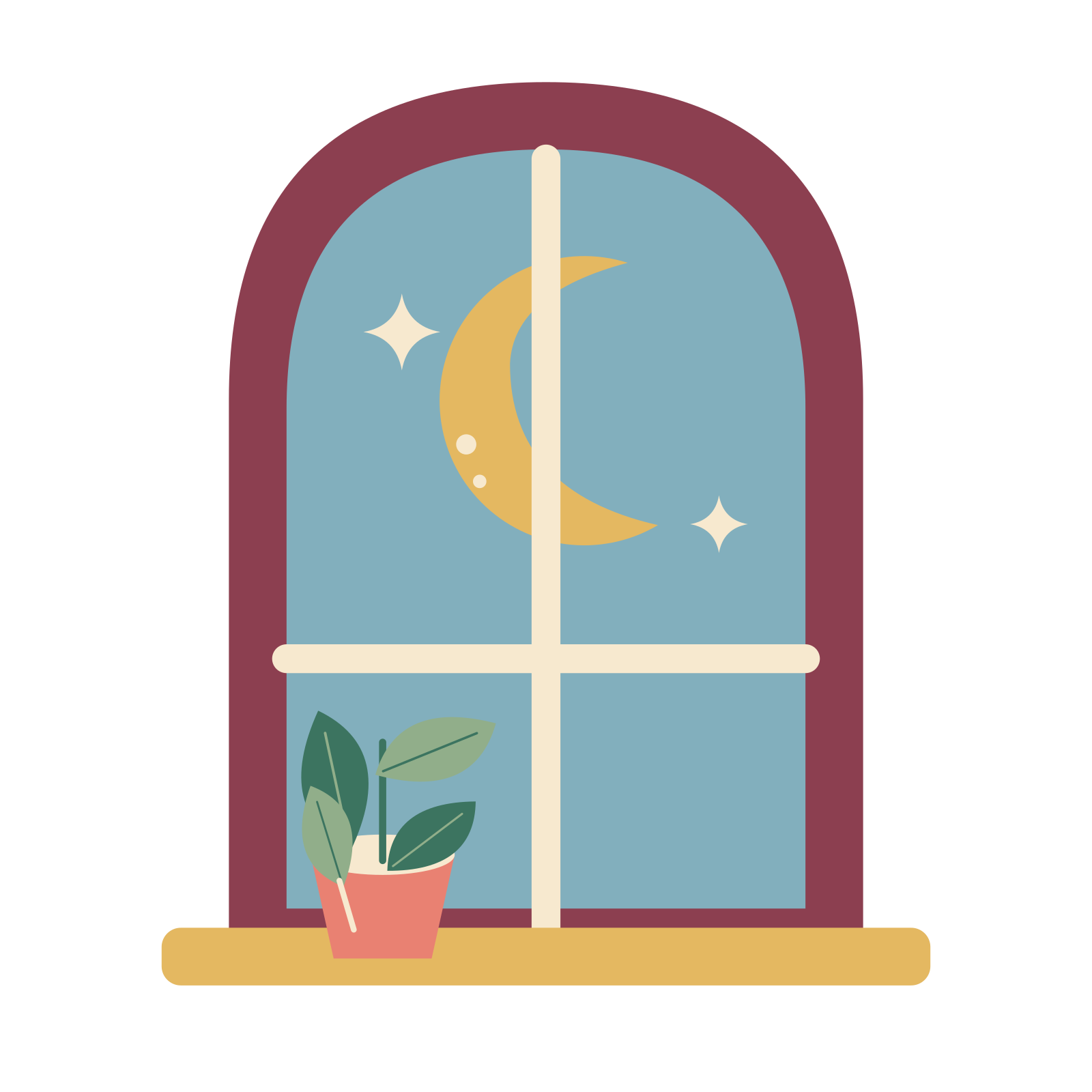 Starry arched window with a little plant.