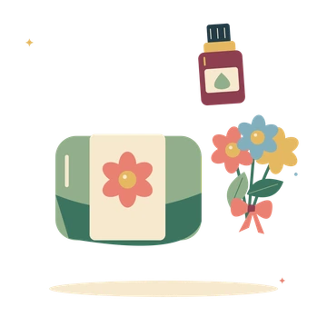 Botanical bath gift with soap and flower bouquet.