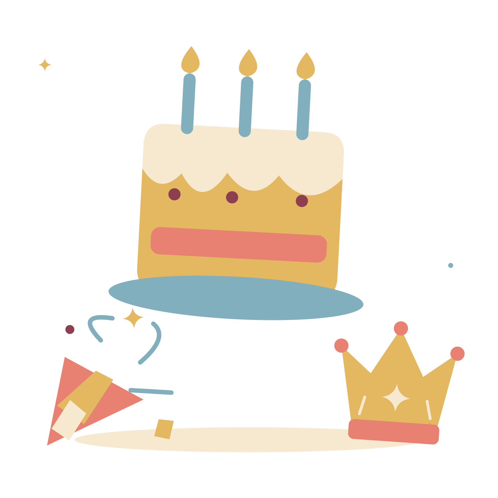Birthday cake with confetti and a celebration crown.