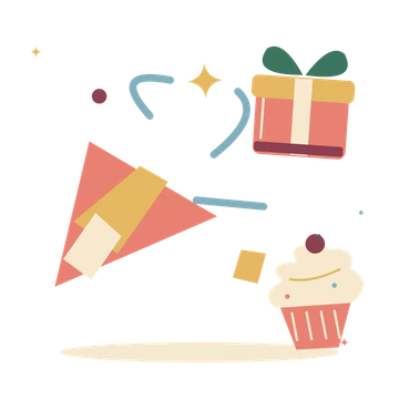 Confetti birthday surprise with a present and cupcake.