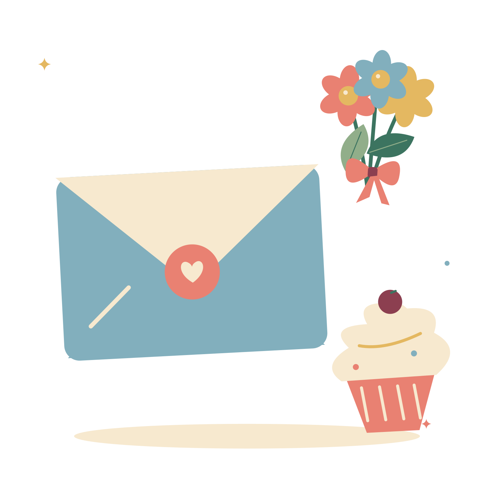 Birthday wishes with an envelope and flowers.