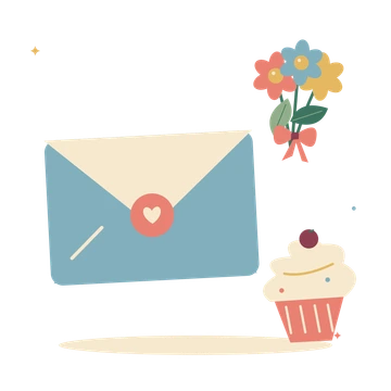 Birthday wishes with an envelope and flowers.
