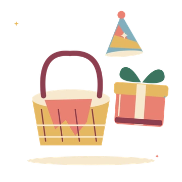 Garden birthday picnic with presents and party hat.
