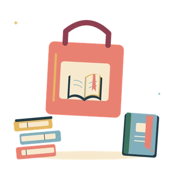 Library visit with a book bag and a little journal.