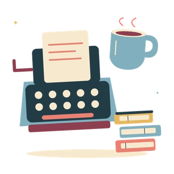Writer's desk with typewriter and warm tea.