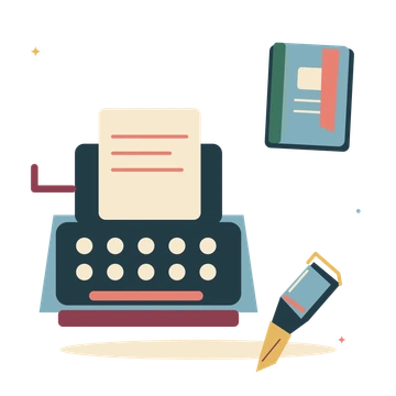Author notes with typewriter and fountain pen.