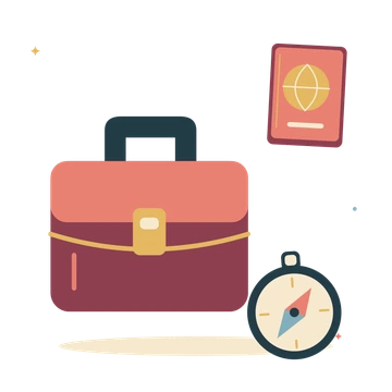 Business travel with briefcase and little compass.