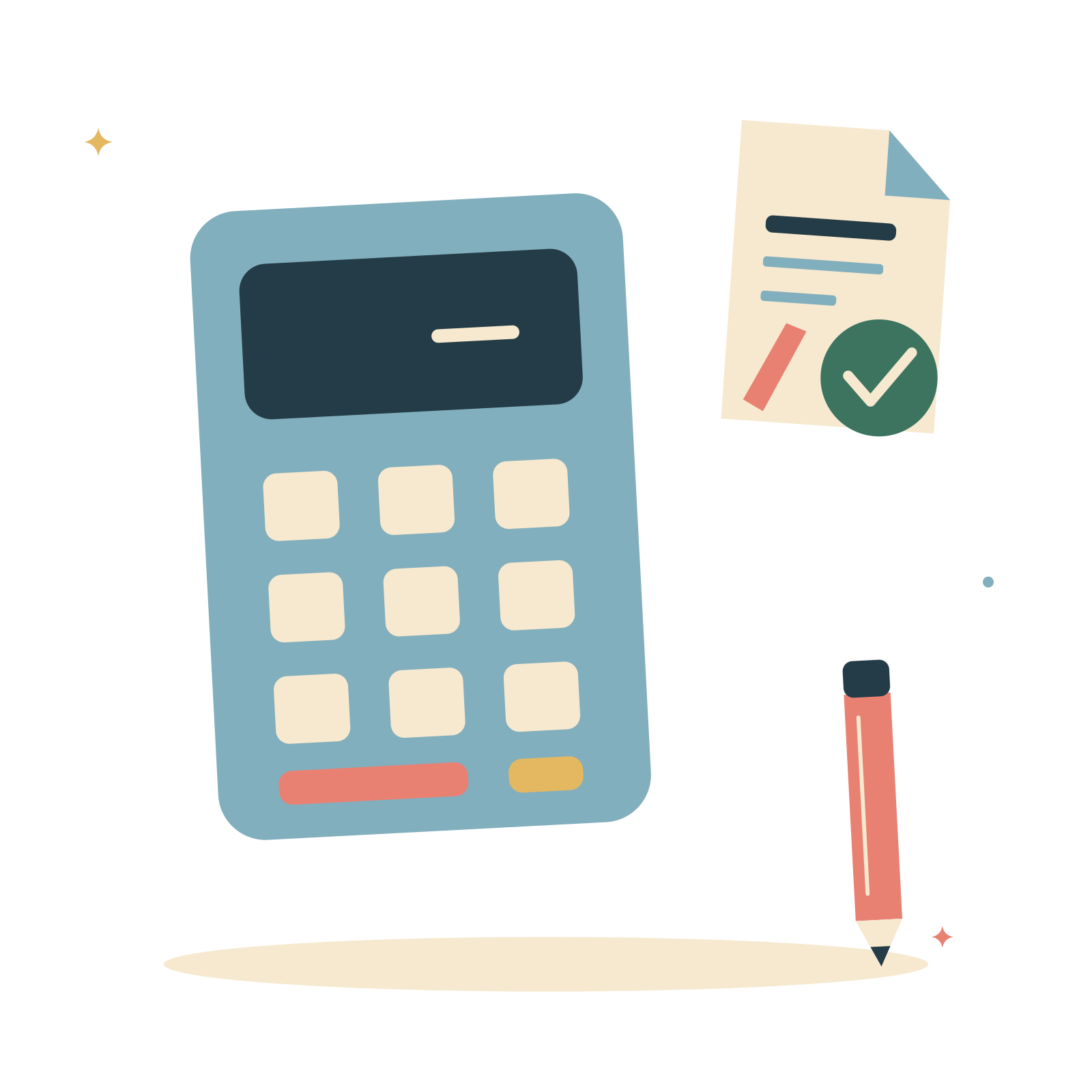 Office numbers with calculator and approved document.