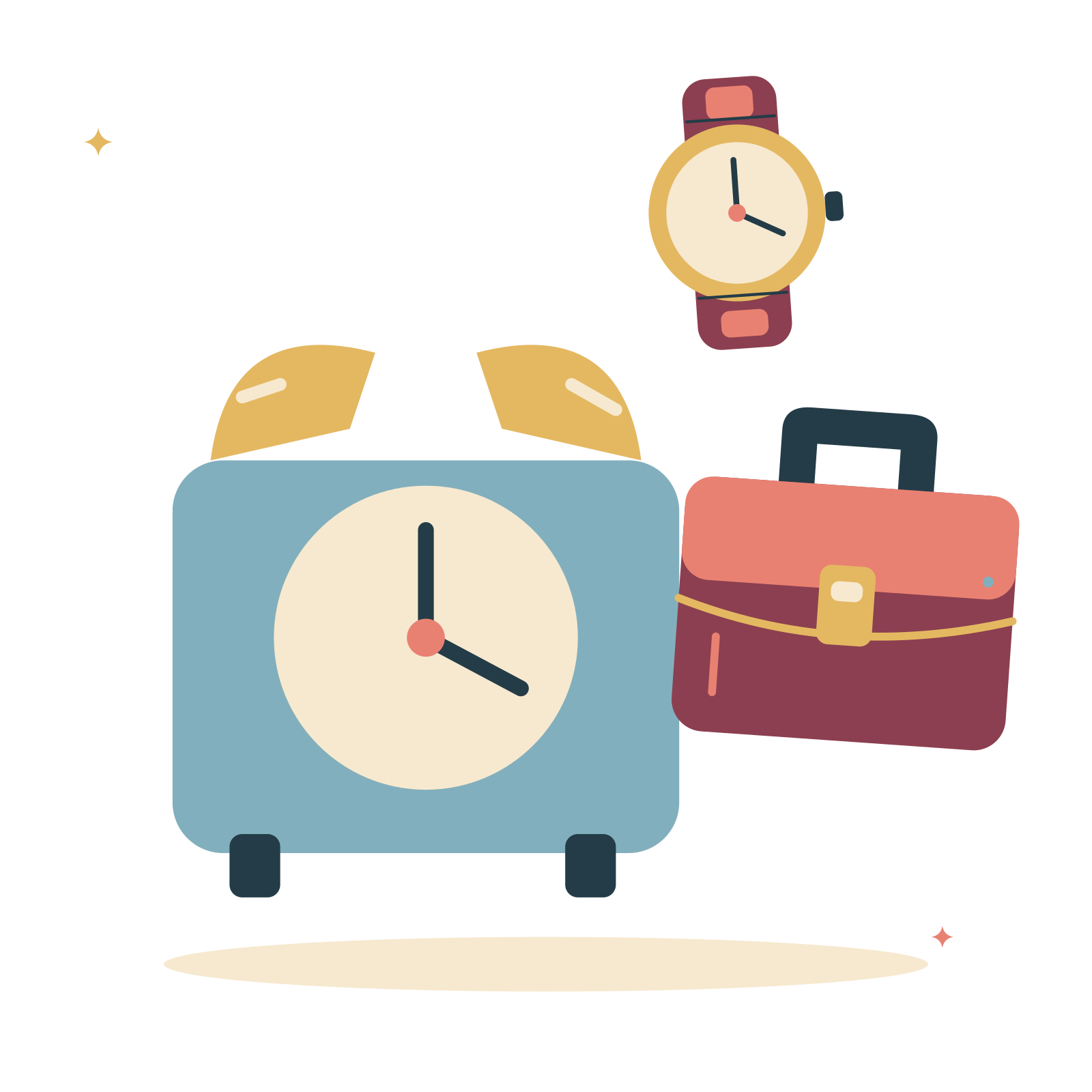 Workday timekeeping with a desk clock and briefcase.