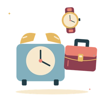 Workday timekeeping with a desk clock and briefcase.