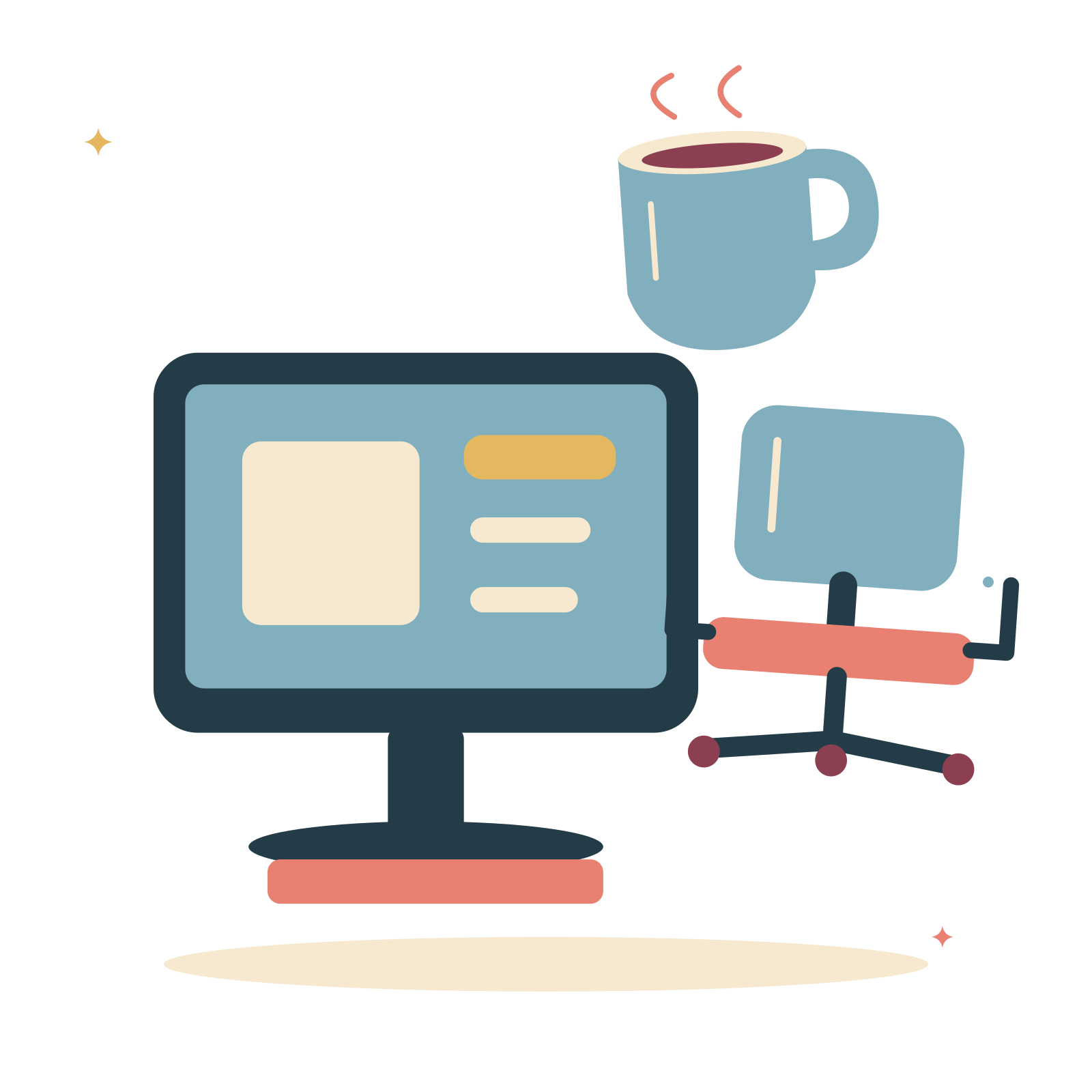 Home office corner with desktop and warm coffee.