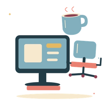 Home office corner with desktop and warm coffee.