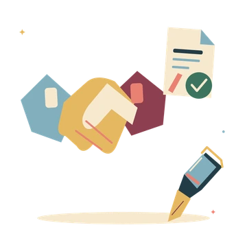 Partnership plans with handshake and fountain pen.