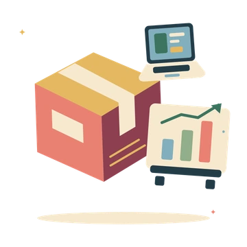 Product launch with parcel and growth chart.
