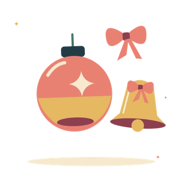 Golden bauble with Christmas bell and ribbon.