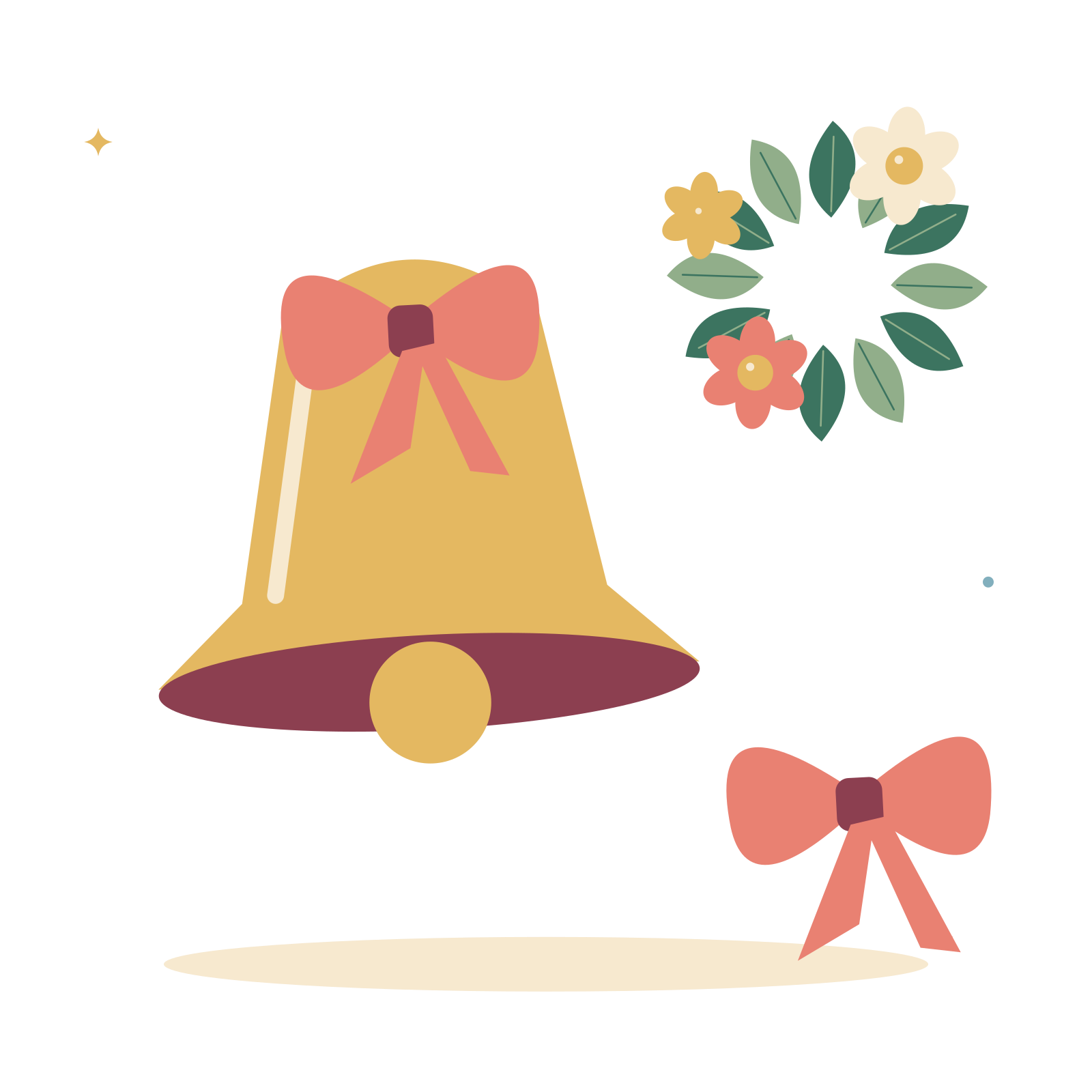 Golden Christmas bell with holly and ribbon.