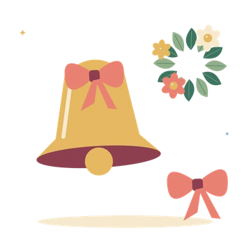 Golden Christmas bell with holly and ribbon.