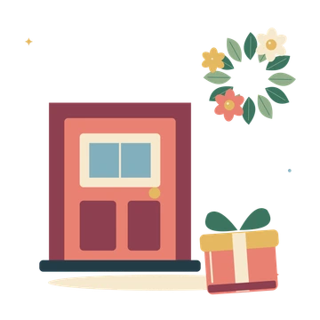 Winter doorstep with Christmas wreath and gift.