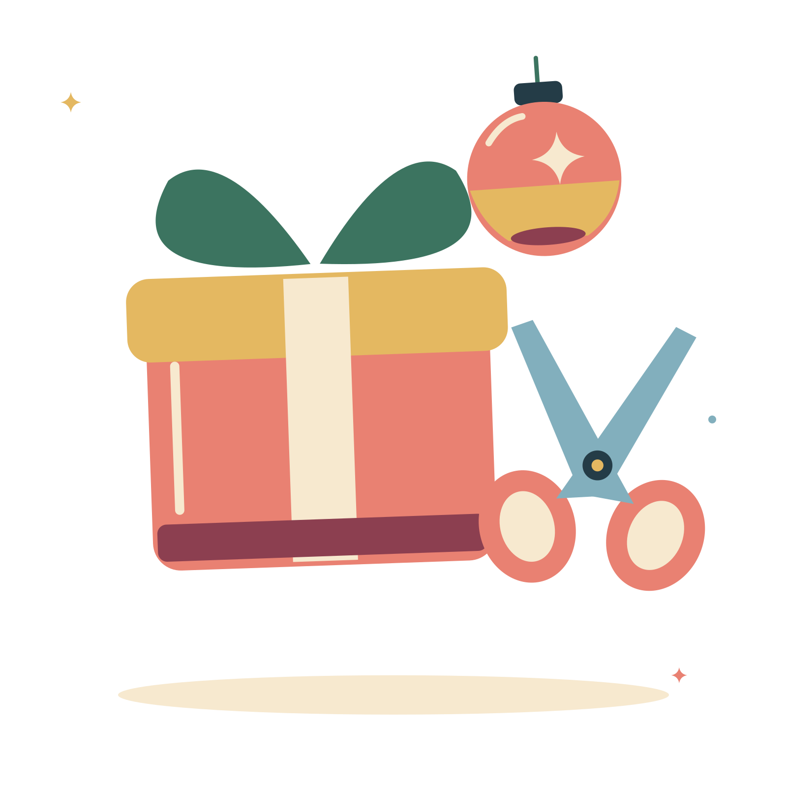 Festive gift wrapping with scissors and Christmas bauble.