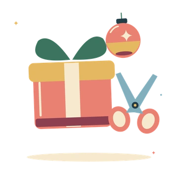 Festive gift wrapping with scissors and Christmas bauble.