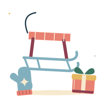 Winter sled with a cosy mitten and wrapped present.