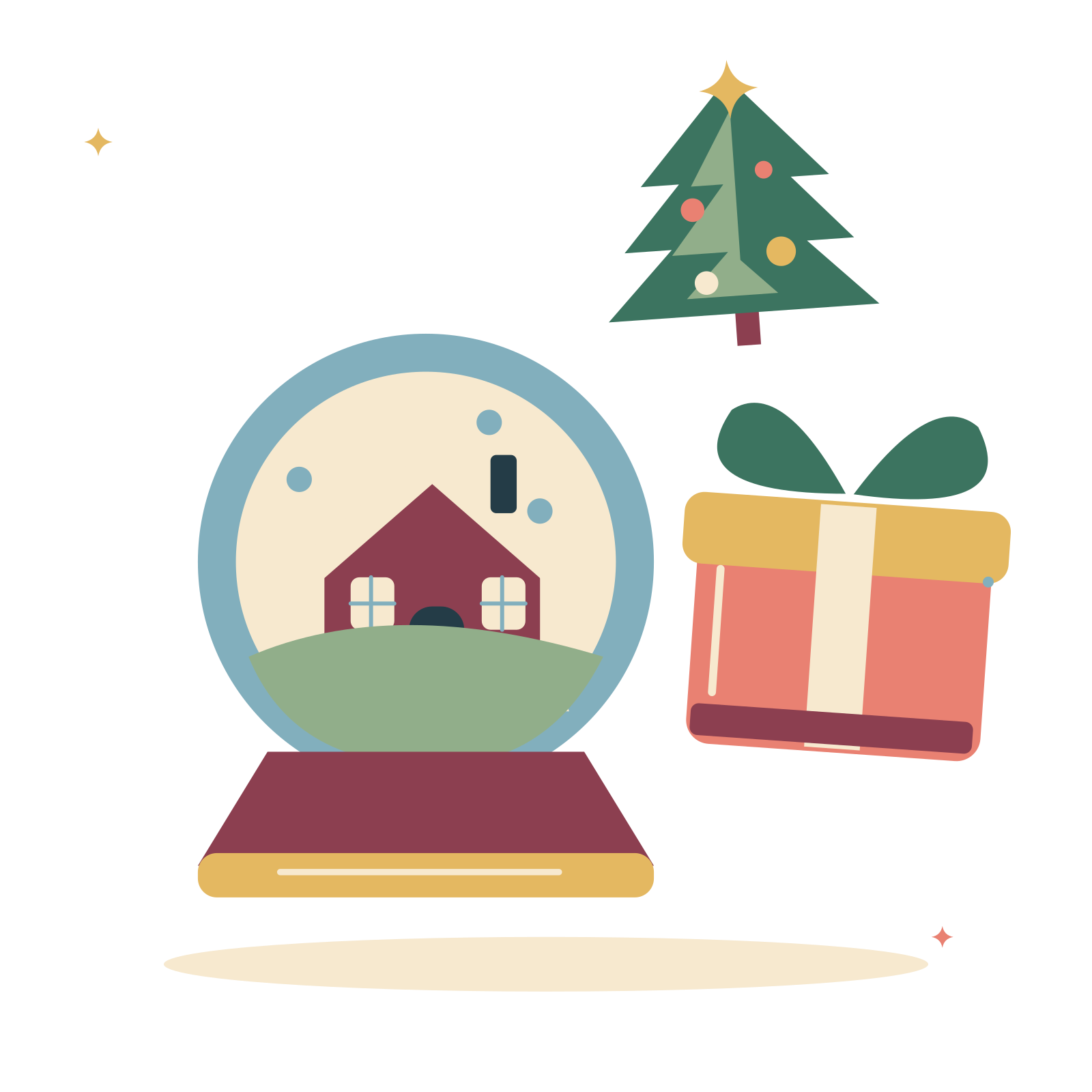 Snow globe with a Christmas present and fir branch.