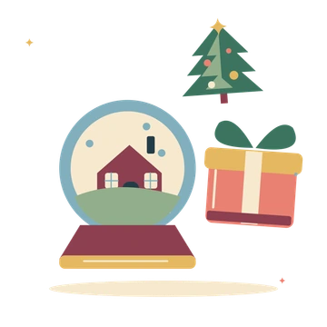 Snow globe with a Christmas present and fir branch.