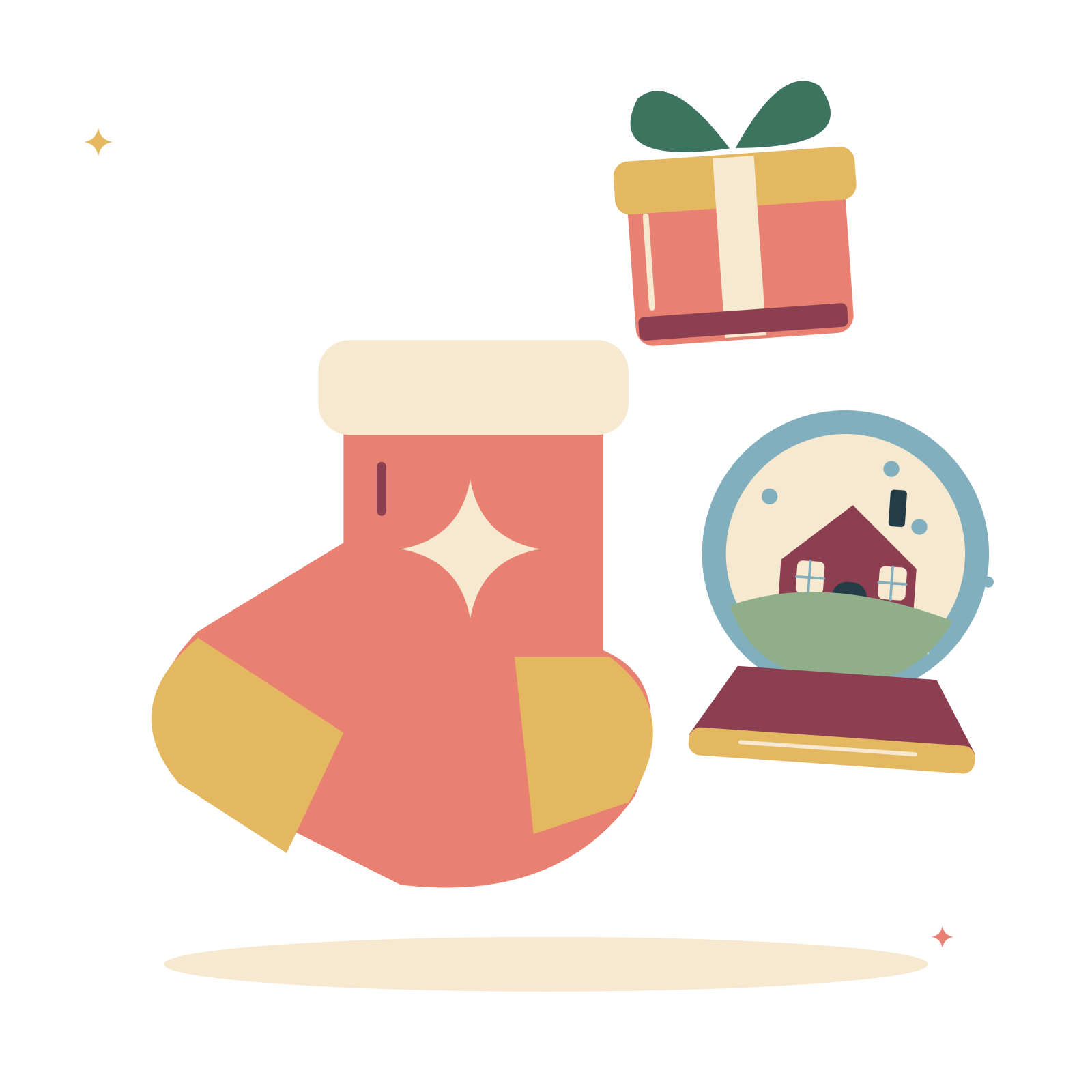 Christmas morning with stocking and snow globe.