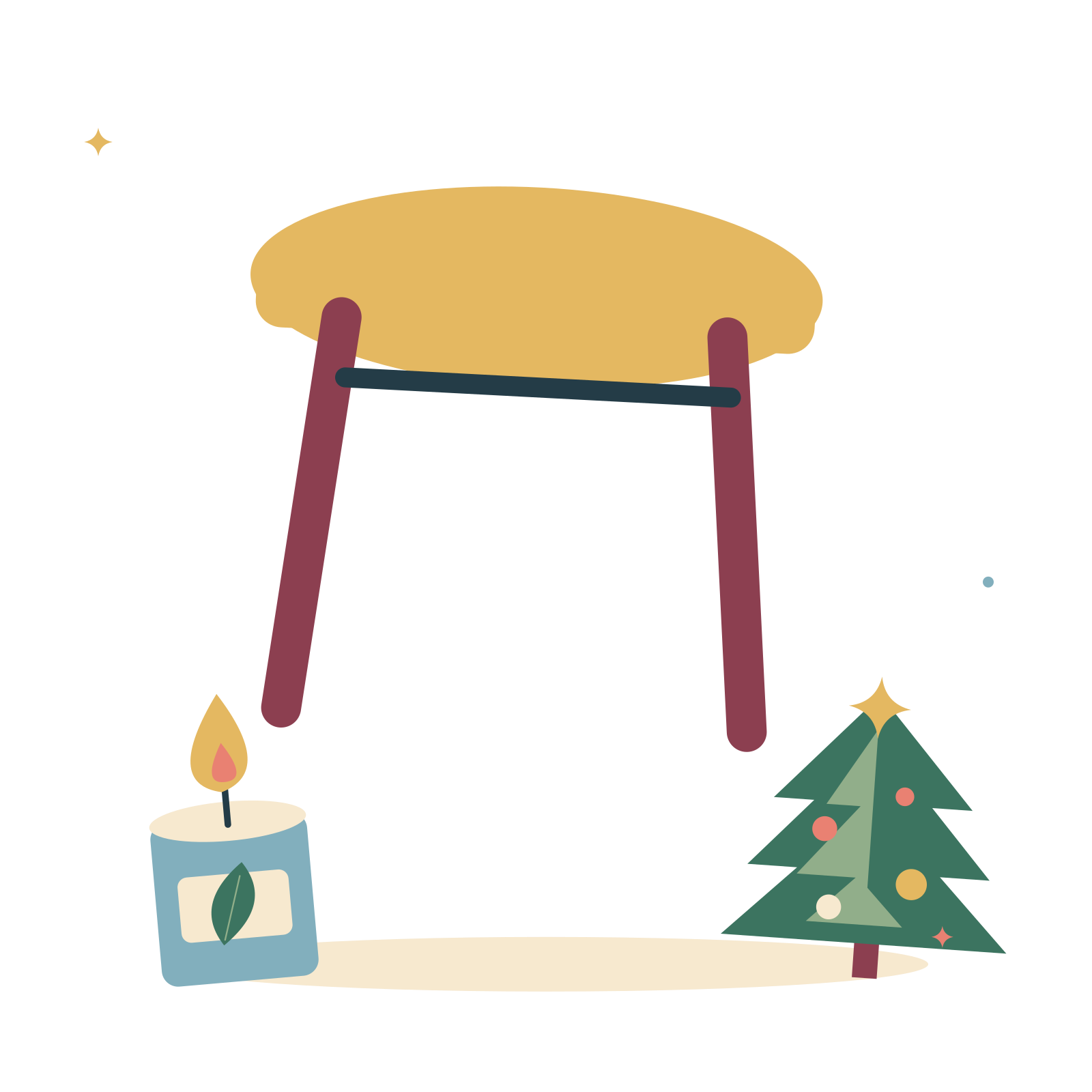 Festive table with a candle and decorated tree.