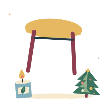 Festive table with a candle and decorated tree.