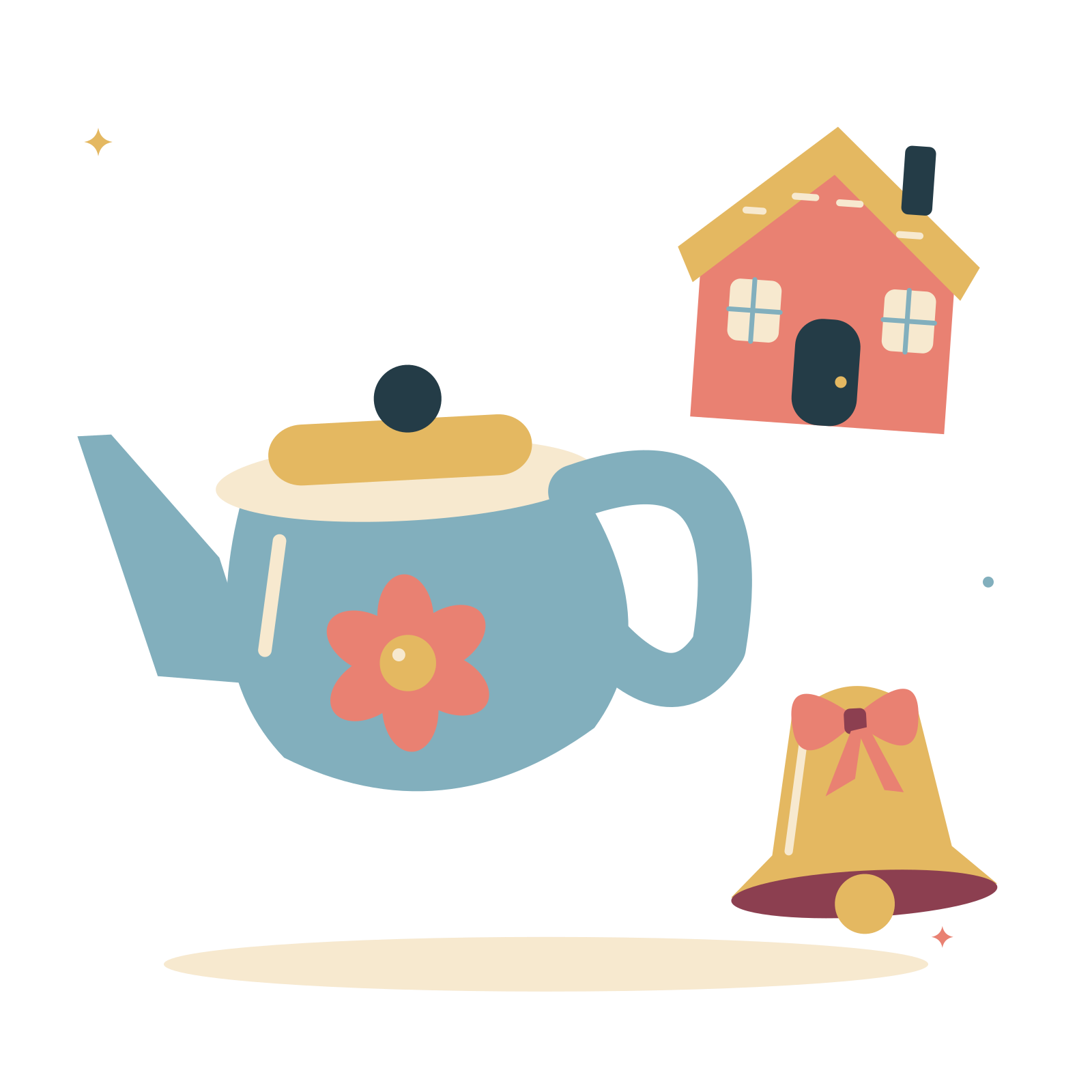 Christmas kitchen with teapot and gingerbread cottage.