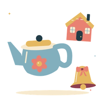 Christmas kitchen with teapot and gingerbread cottage.