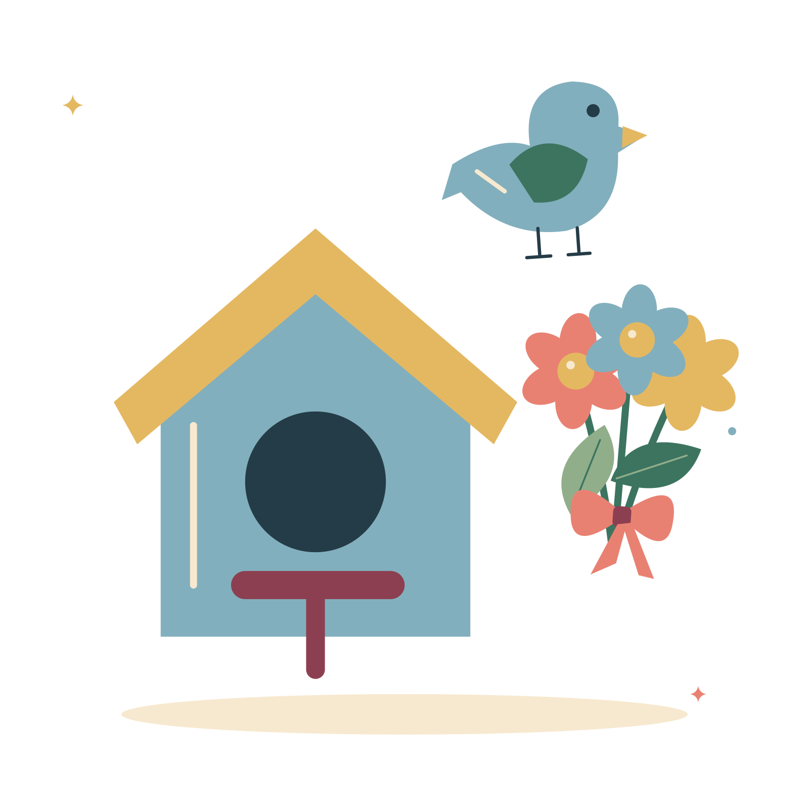 Neighbourhood nature project with birdhouse and flowers.