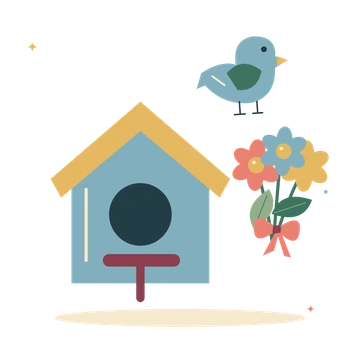 Neighbourhood nature project with birdhouse and flowers.