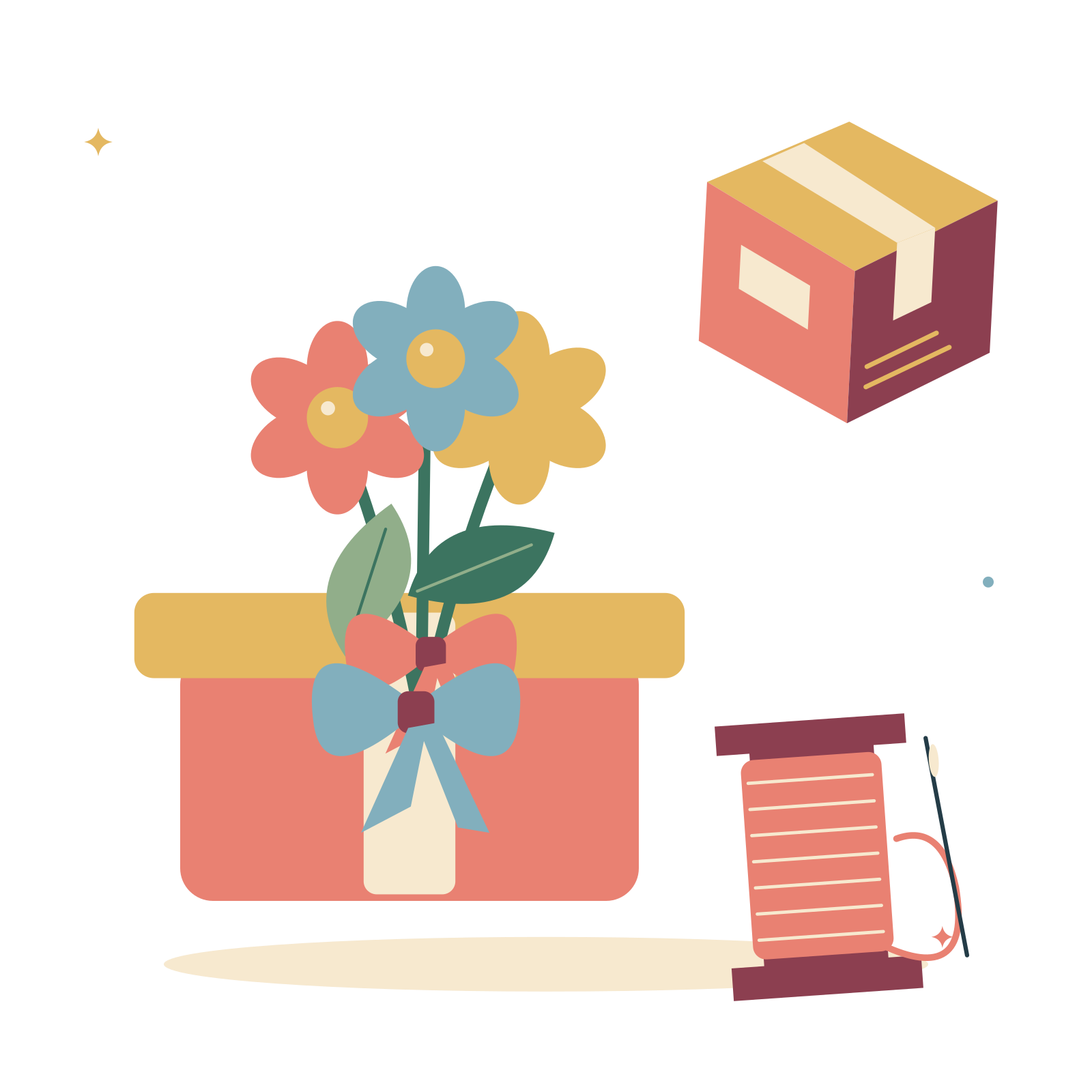 Handmade gift exchange with a parcel and flowers.