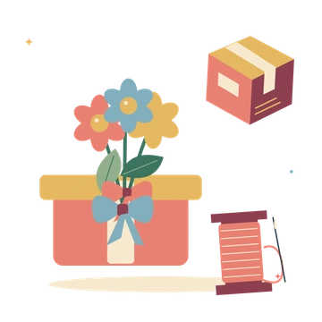 Handmade gift exchange with a parcel and flowers.