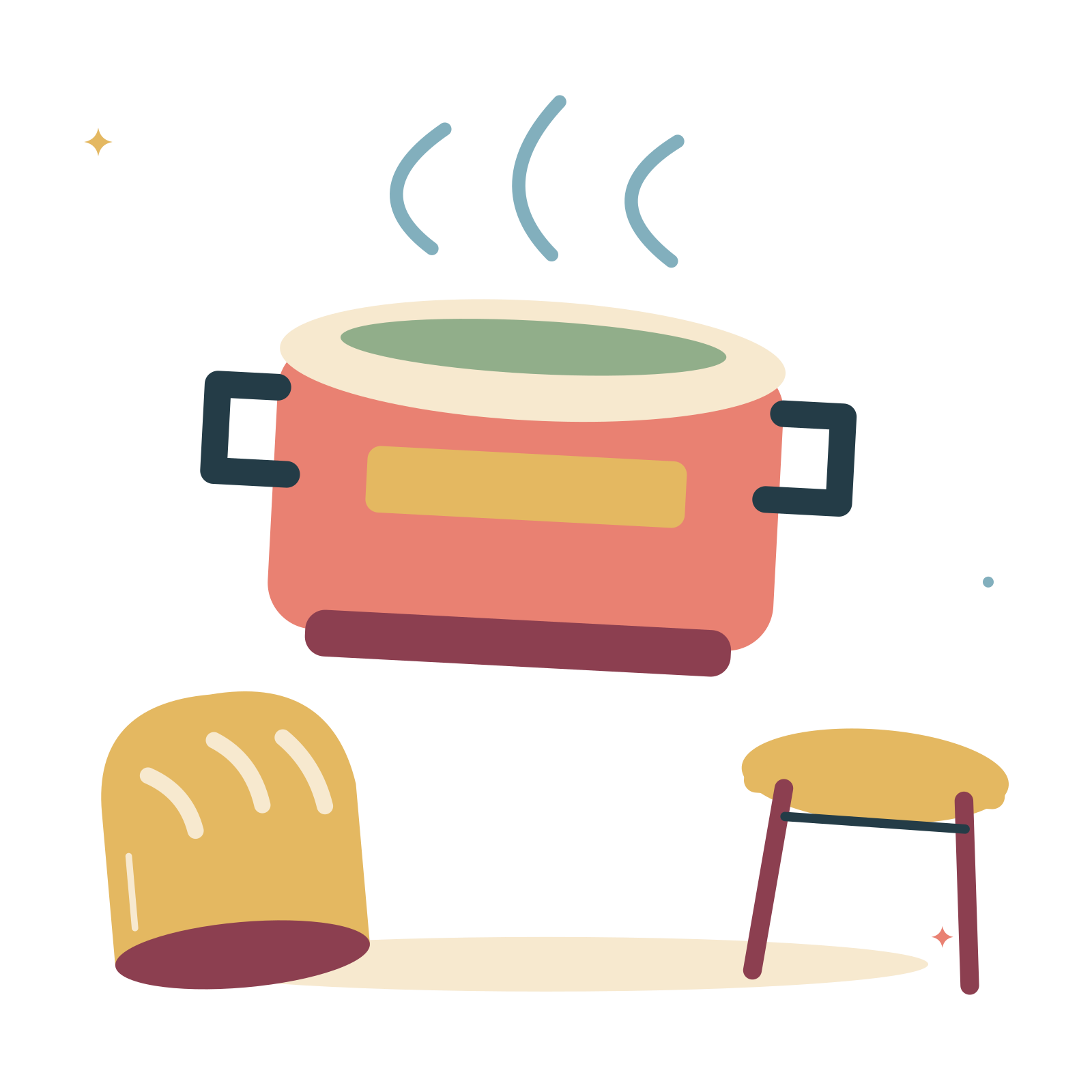 Community supper with a warm pot and fresh bread.